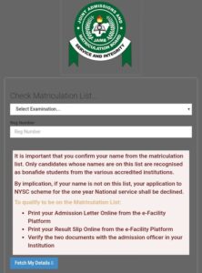 Jamb Matriculation list for nysc mobilization