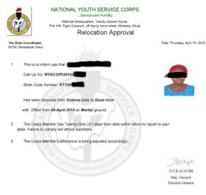 How does the NYSC relocation letter look like